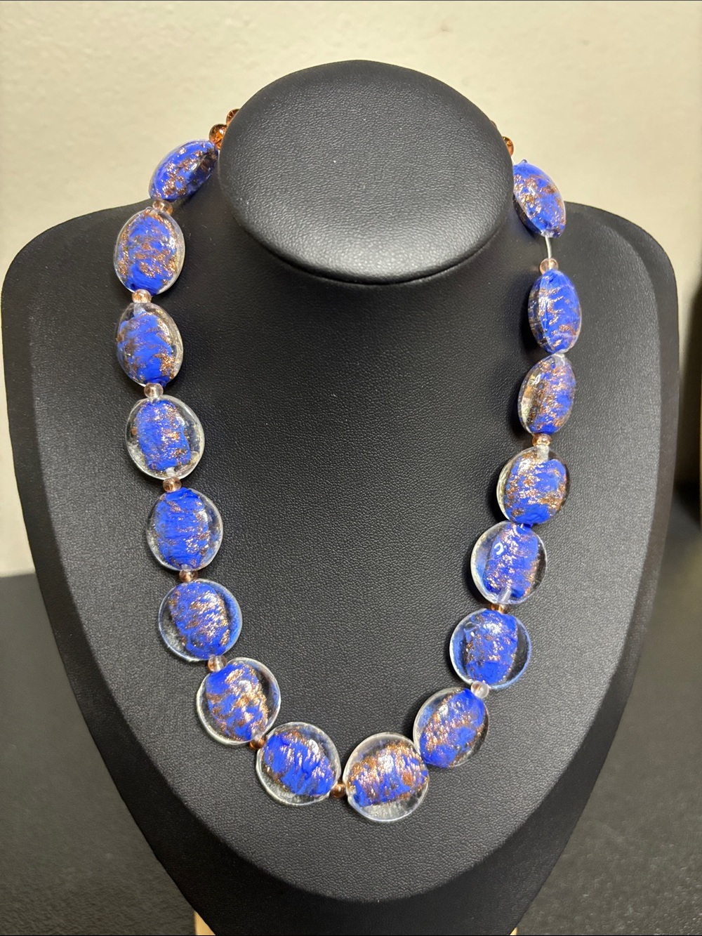 Blue and Gold Dichroic Glass Disc Necklace Vintage Women Jewelry